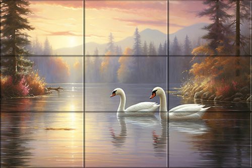 two swans swimming on a lily-covered pond – romantic nature ceramic tile mural